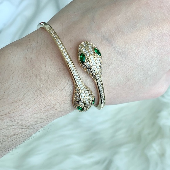 Gold Crystal Double Head Snake Cuff Bracelet - Picture 11 of 16